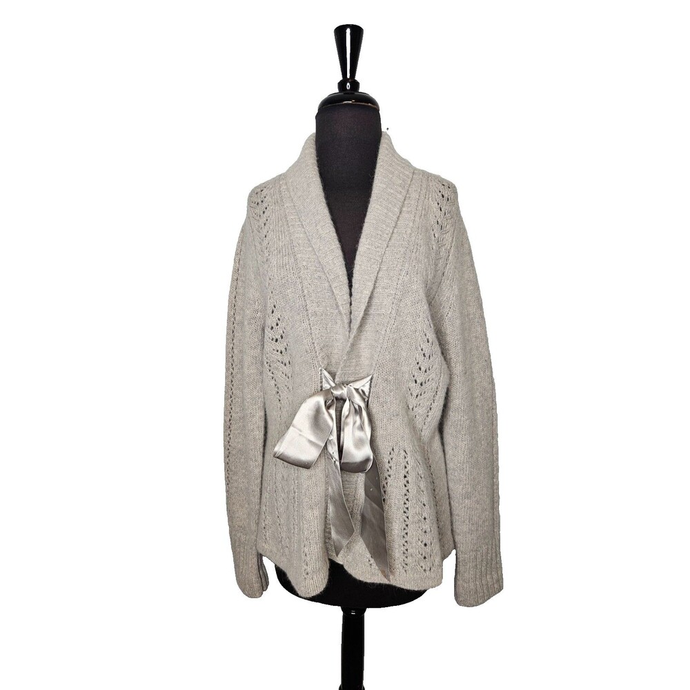 MARINA LUNA Wool Angora Cardigan XL Satin Tie Romantic Shawl Collar Pointelle